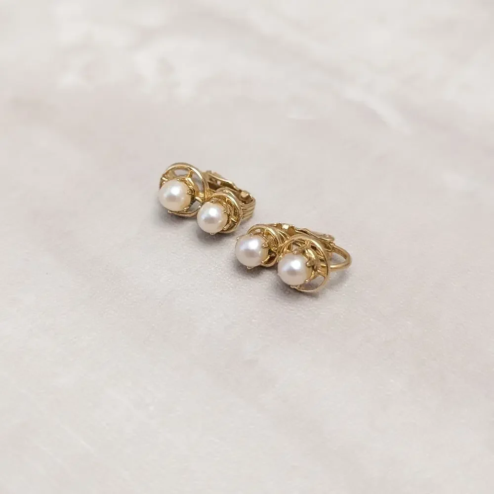 Vintage Clip On Earrings Stylish Geometric Faux Pearl & Gold Tone Duo